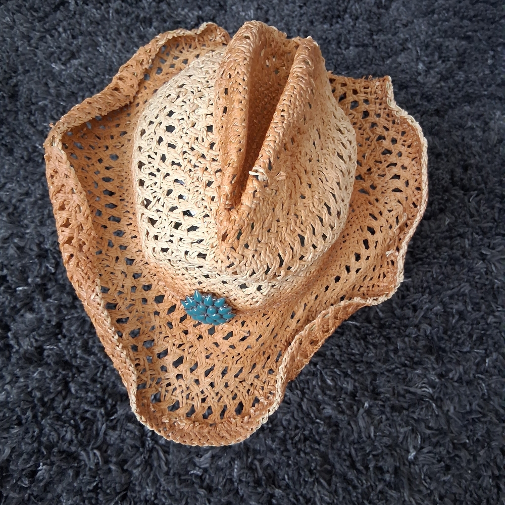 Stylish Crochet Cowboy Hat with Turquoise Accent